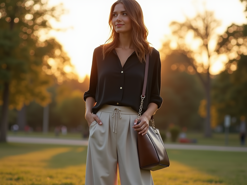 Kobieta w eleganckim stroju na tle zachodzącego słońca w parku.