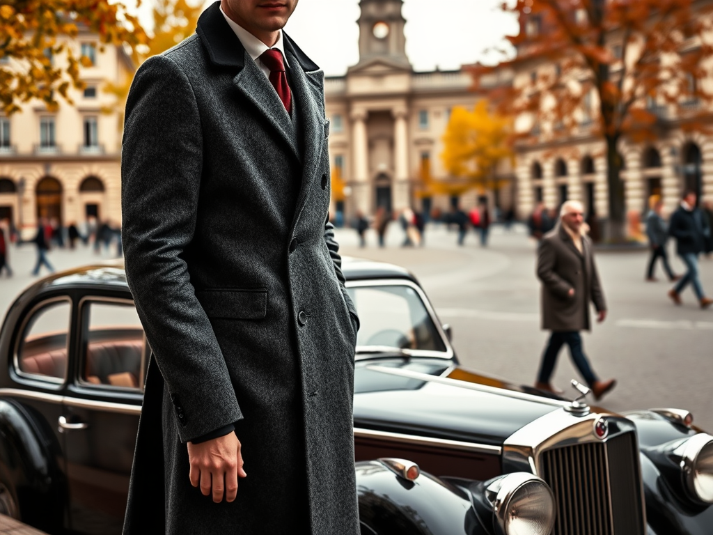 Mężczyzna w eleganckim płaszczu stoi obok klasycznego samochodu, w tle przechodnie i zabytkowe budynki.