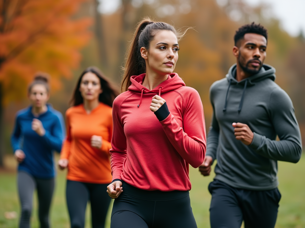 Grupa ludzi biega w parku jesienią. Kobiety i mężczyźni w kolorowych bluzach sportowych.